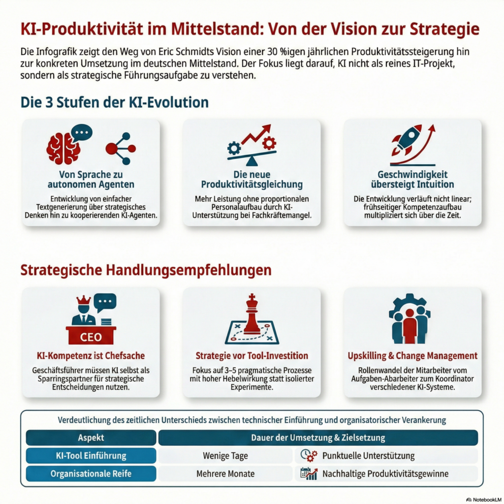 Eric Schmidt spricht von 30 % Produktivitätssteigerung pro Jahr durch KI. Was bedeutet das konkret für mittelständische Unternehmen mit 50–250 Mitarbeitern? Eine Einordnung von NordAGI. KI ist keine schrittweise Weiterentwicklung bestehender Technologie. Sie ist eine Disruption – und Disruptionen zeichnen sich dadurch aus, dass sie nicht linear verlaufen. Wenn sie einsetzen, dann breit, schnell und gleichzeitig. Viele Geschäftsführer im Mittelstand erleben KI gerade in der Phase vor diesem Durchbruch. Erste Signale zeigen sich bereits: einzelne Mitarbeitende arbeiten produktiver, bestimmte Prozesse lassen sich spürbar beschleunigen. Aber die umfassende Integration in den Unternehmensalltag – die steht in den meisten Unternehmen noch bevor.