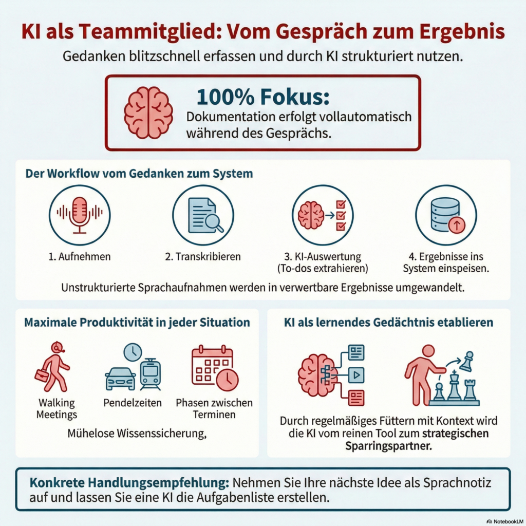 KI als Teammitglied etablieren und Sprachnotizen produktiv nutzen. Wie man mit KI Kontext aufbauen kann und einen Team-KI Workflow findet.