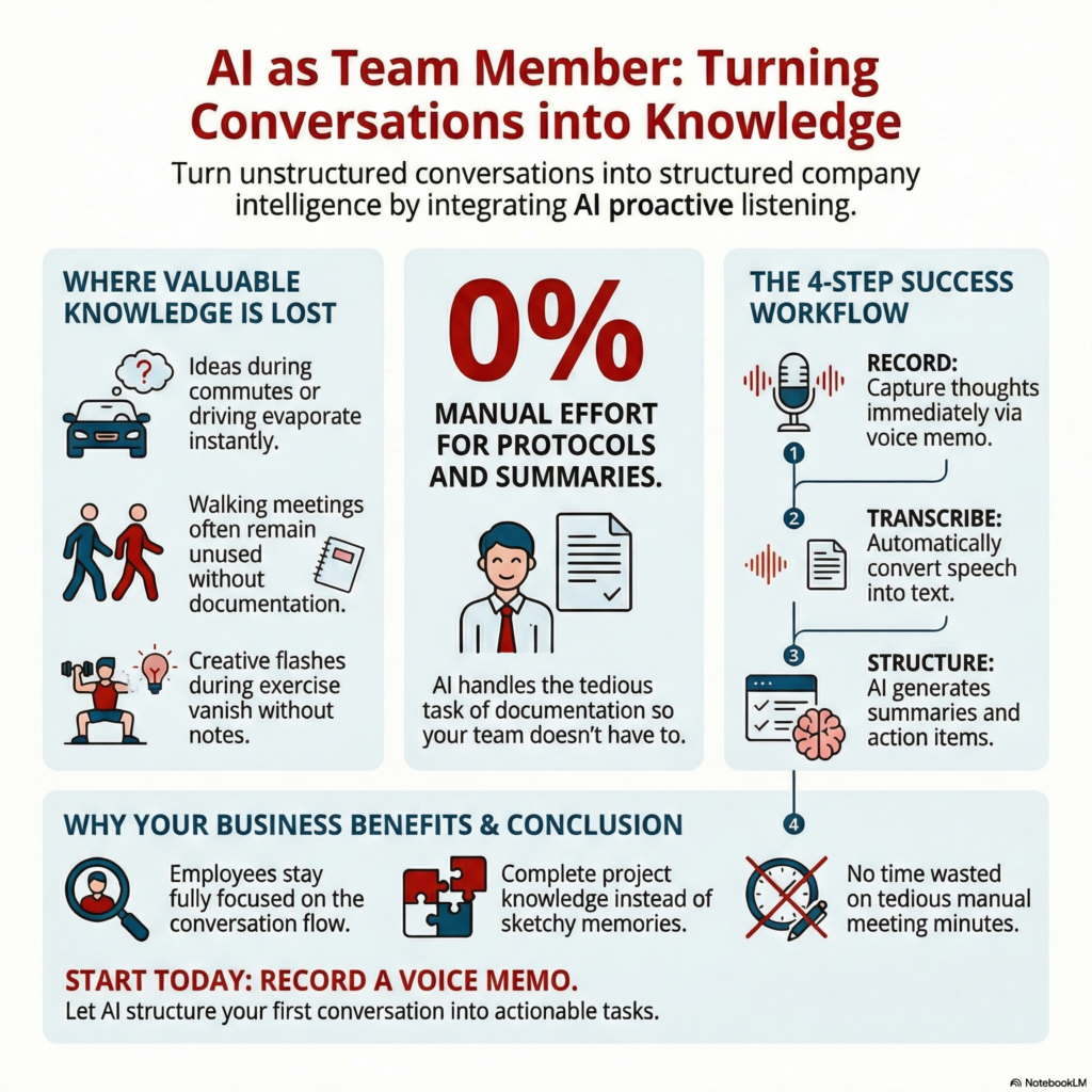 How AI Becomes a Team Member – Capturing Conversations This post is part of our series "AI Workflows for Practice" – insights into short, immediately actionable workflows that show how we've integrated AI into our daily work as a team.