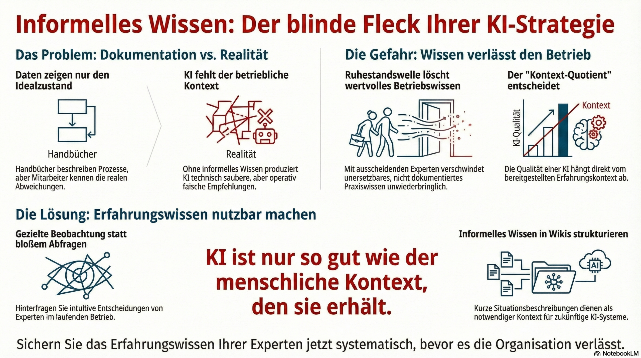 KI-Systeme sind so gut wie der Kontext, den sie erhalten. Fehlt das informelle Betriebswissen, produzieren sie technisch saubere, aber operativ falsche Empfehlungen. Und weil dieses Wissen unsichtbar ist, merken Teams beim Aufbau eines KI-Systems oft gar nicht, was fehlt – bis erfahrene Mitarbeitende die Ergebnisse betrachten und feststellen: „Das würde so nie funktionieren."