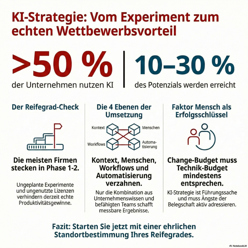 Die KI Strategie: vom Experiment zum echten Wettbewerbsvorteil für den deutschen Mittelstand. Denn KI kann weit mehr sein als eine erweiterte Textverarbeitung: ein Sparringspartner auf Augenhöhe, der die strategische Entscheidungsfindung unterstützt. Bei einer näheren Betrachtung wird schnell klar: Hier handelt es sich um grundlegend verschiedene Anwendungsfälle mit ganz unterschiedlichem Potenzial. Genauso relevant sind die Fragen, wer eigentlich die Verantwortung für den Einsatz von KI im Unternehmen trägt und woran gemessen wird, wie gut die KI-Implementierung letztlich funktioniert.