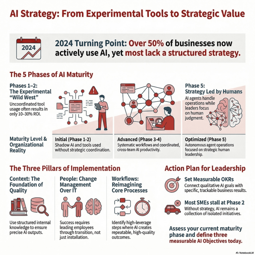 Developing an AI strategy can seem daunting at first. That is precisely why a structured process matters: understand the starting point, plan the next steps, proceed systematically and with clear priorities. For AI implementation to deliver measurable value, it must be understood as a transformation process — one in which the tools play a role, but a secondary one compared to everything else. The real work lies in the strategy: clear objectives, considered prioritisation, and above all, serious change management.