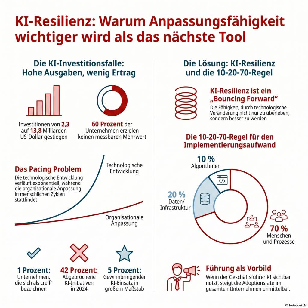 Diese Fähigkeit, mit der permanenten Veränderungsgeschwindigkeit von KI umzugehen, kann man als “KI-Resilienz” bezeichnen. Sie ist dabei keine technische Eigenschaft von Systemen, sondern eine organisatorische Kernkompetenz, die darüber entscheidet, ob Ihr Unternehmen KI-Investitionen in Wertschöpfung übersetzen kann. Der Blogartikel untersucht, wie Mittelständler eine Organisation aufbauen können, die mit dem permanenten Wandel produktiv umgeht.